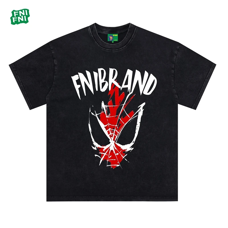FNI国潮重磅纯棉（蜘蛛侠面具）男女同款t恤美式复古短袖24新款白墨