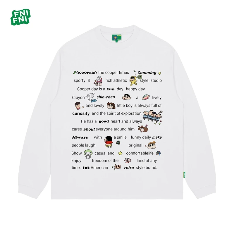 FNI国潮重磅纯棉（小新标语）男女同款t恤美式复古圆领长袖新款直喷