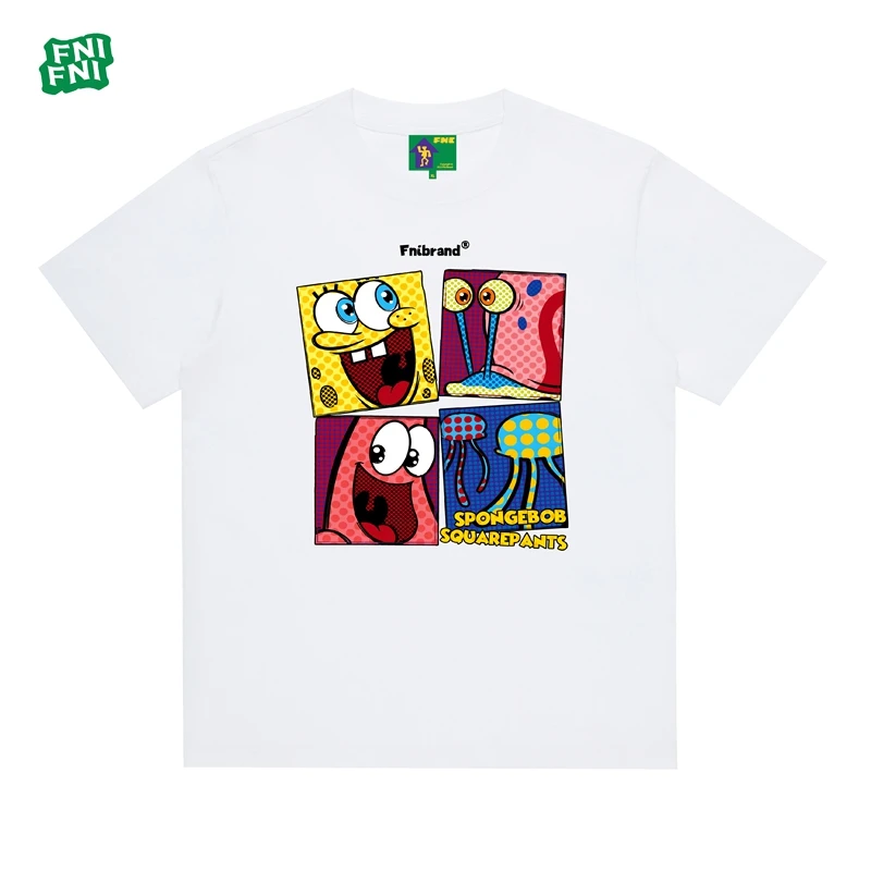 FNI国潮重磅纯棉（海绵宝宝四格）男女同款t恤美式复古短袖新款白墨