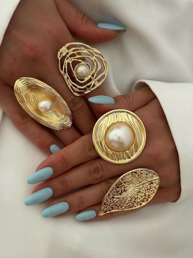 合金仿珍珠戒指 ins风几何型波纹小众指环