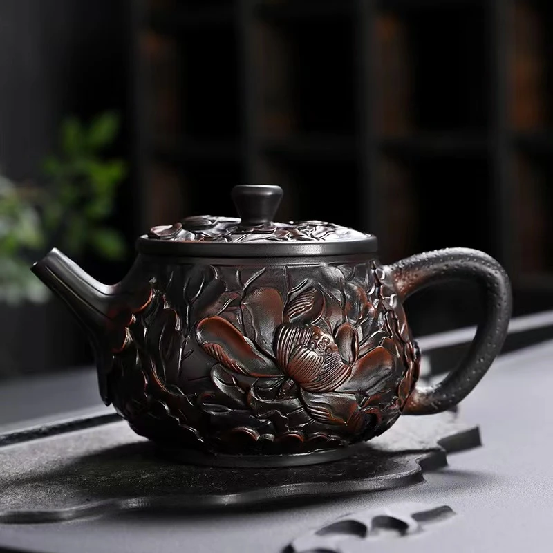 全手工石瓢莲花汉瓦壶满雕紫陶家用功夫茶具泡茶器手作单壶高端壶