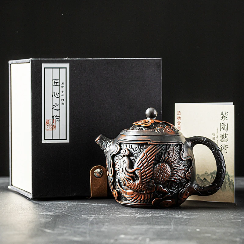 紫陶堆雕茶壶纯手工龙蛋壶复古功夫茶具泡茶器陶制填满雕西施刻壶