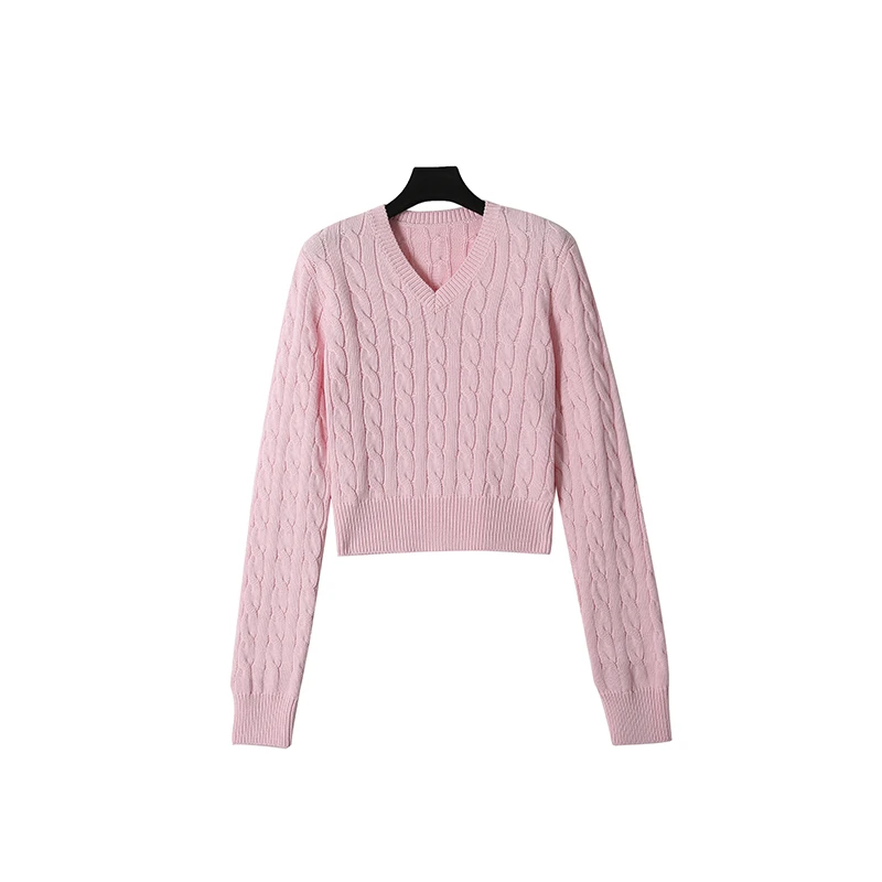 CELLENDI时尚套头V领纯粉立体麻花螺纹长袖针织打底内搭上衣16859