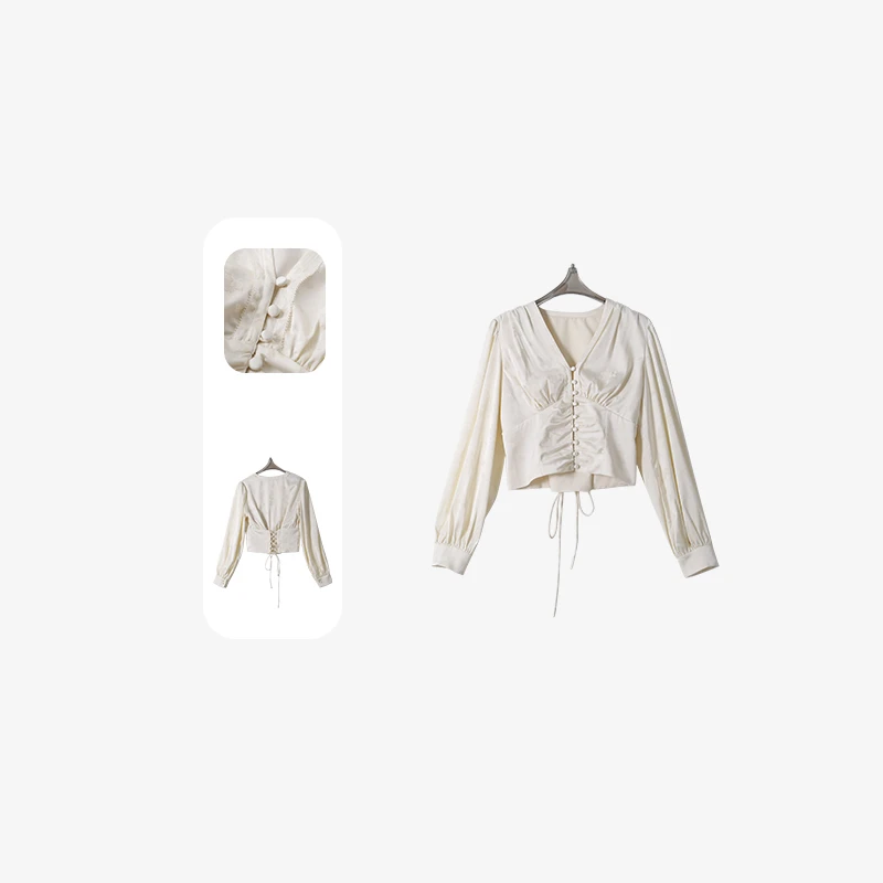 高定法式暗纹印花面料系带设计感上衣16560