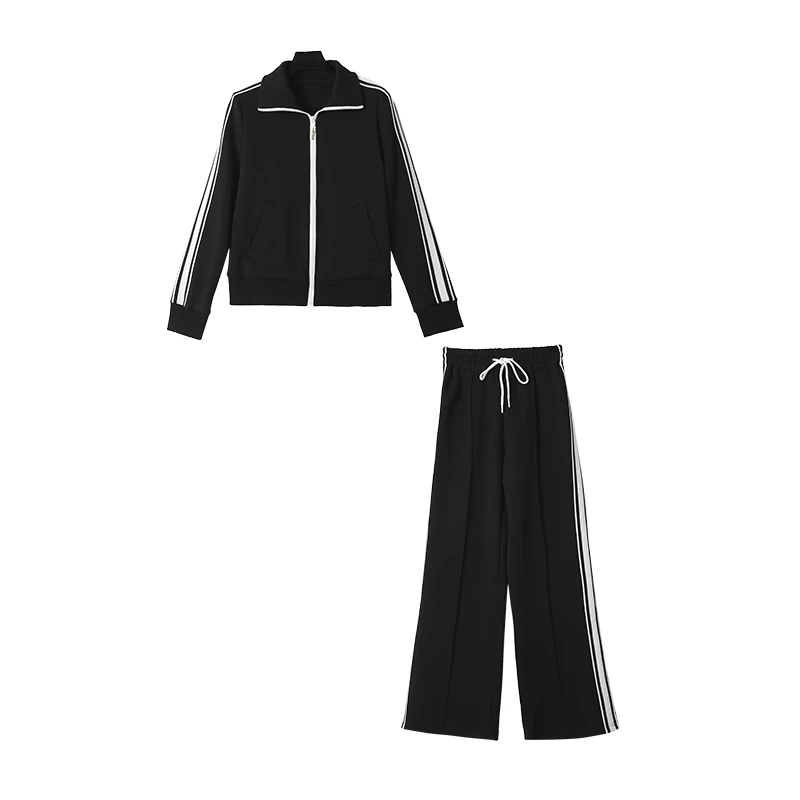 春秋显瘦时尚黑色宽松撞色拼接秋季连帽女士时尚套装16573