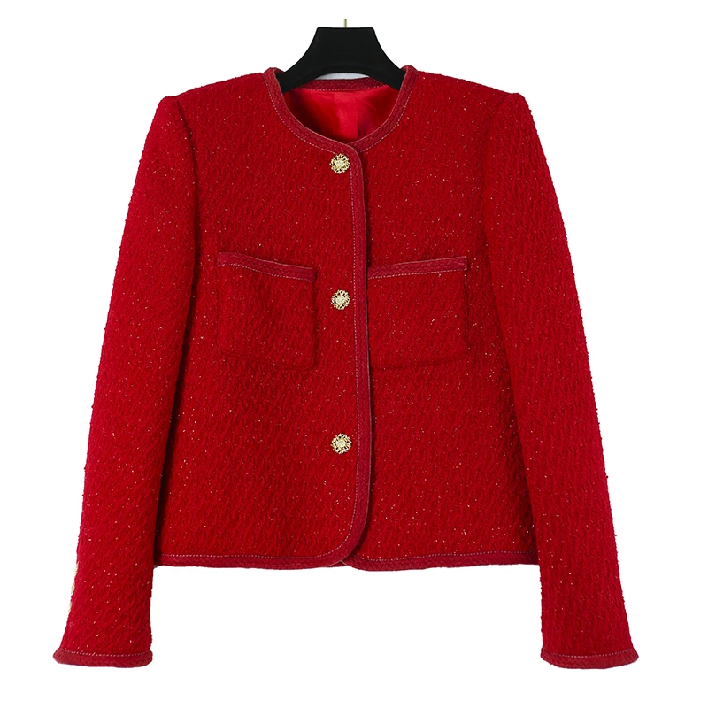 CELLENDI法式气质名媛红色小香风高级感短款粗花呢外套01171