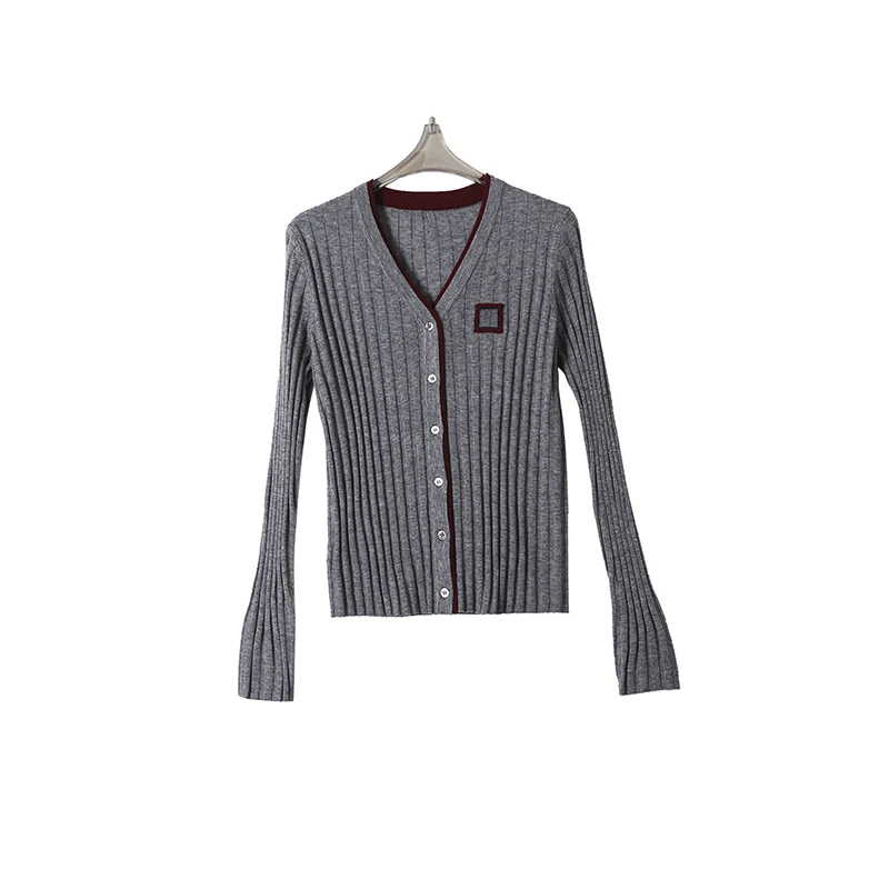 优雅针织衫知性减龄气质修身显瘦上衣V领竖条长袖时尚开衫16809