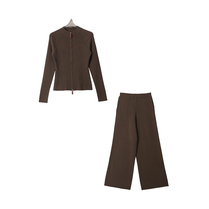 新款气质小香风收腰百搭休闲纯色立领拉链舒适套装16700