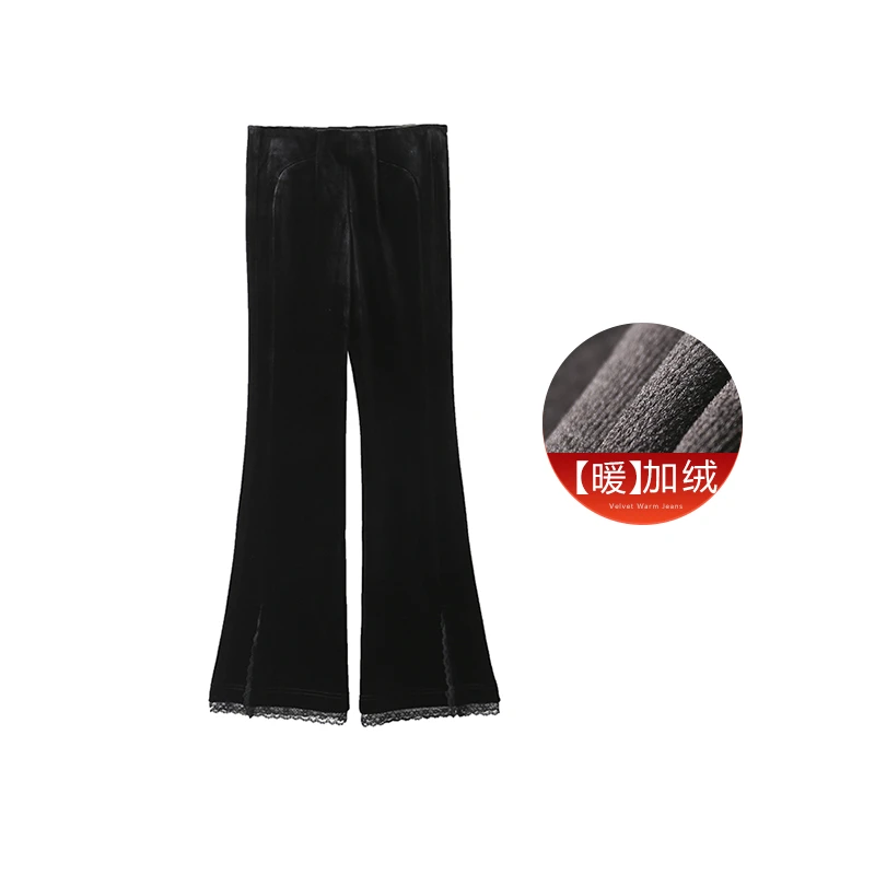 CELLENDI丝绒中高腰开叉蕾丝边微喇叭裤时尚裤显瘦黑色外穿17055