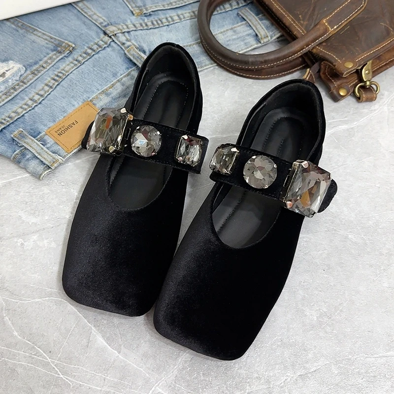 法式丝绒水钻方头玛丽珍女鞋2025夏季新款浅口平底单鞋仙女风瓢鞋