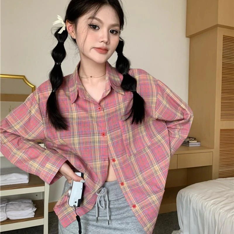 纯棉树莓粉色格子衬衣复古宽松学生女款外穿慵懒防晒长袖薄款港味