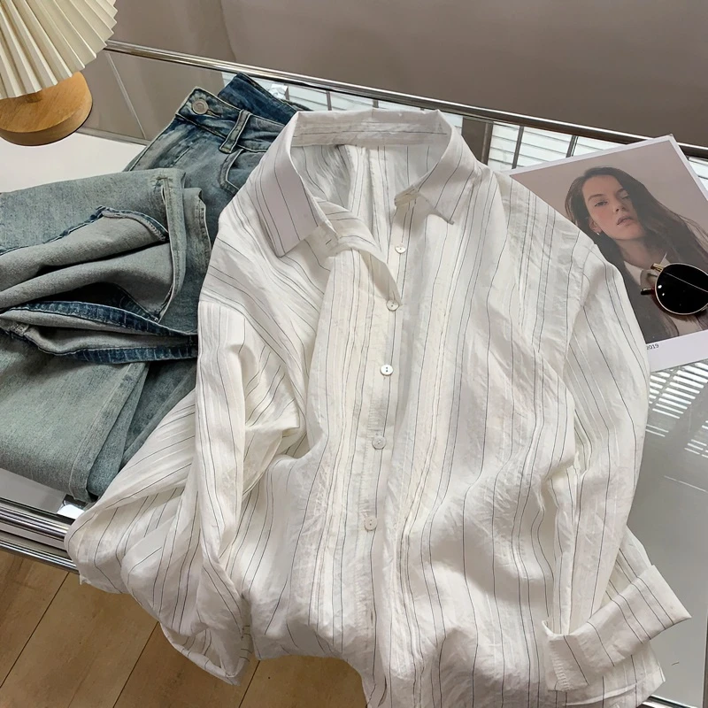 韩系垂感设计感条纹防晒衬衫女款外穿小众宽松休闲衬衣女夏季薄款