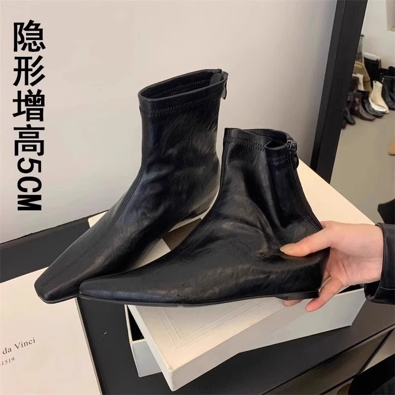 法式气质小方头内增高瘦瘦靴女加绒秋冬新款后拉链百搭短靴西部靴
