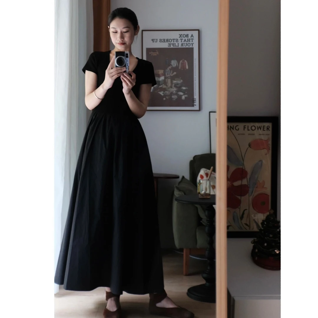 法式黑天鹅U领修身T恤伞摆短袖连衣裙女夏季设计感小众高个子长裙