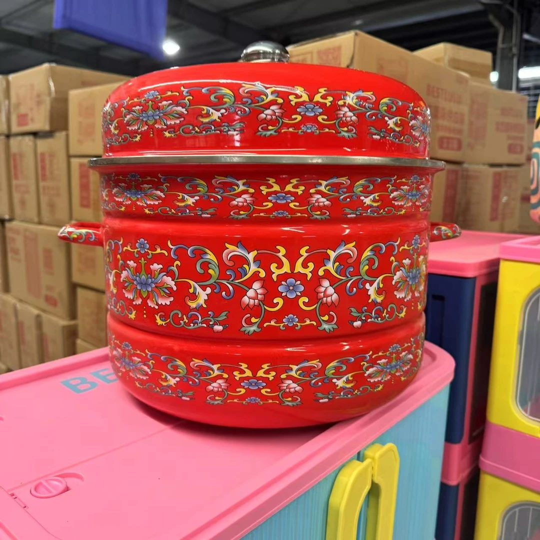 30/32/34/36红勾莲珐琅搪瓷蒸锅