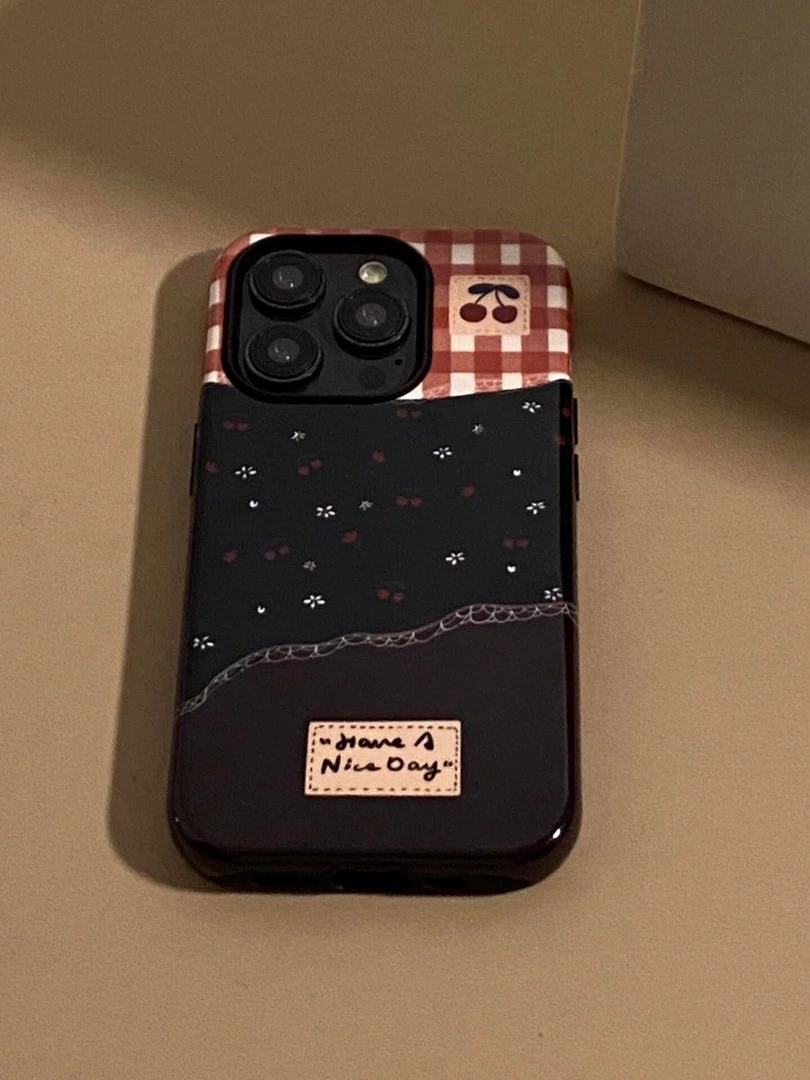 格纹樱桃碎花适用苹果17PRO/16手机壳15pro可爱14/13/14PRO创意11