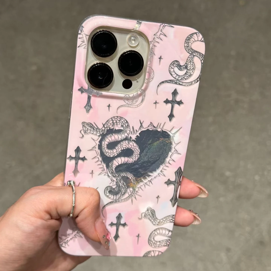 日韩粉晕染爱心蛇十字架适用iPhone16/15/14创意手机壳13冰川纹12