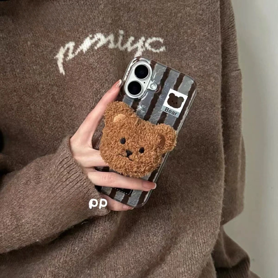 韩系毛绒小熊头像适用苹果16/14冰川纹iPhone15promax手机壳13/12