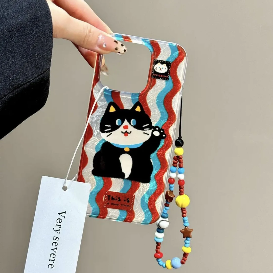 波浪黑色猫咪适用苹果15/14冰川纹iPhone15promax手机壳13创意ins