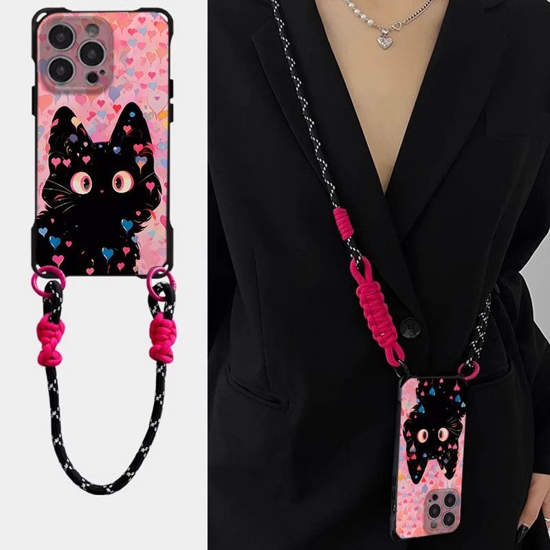 粉底爱心猫适用苹果16promax手机壳iPhone17新款四角挂绳15保护套