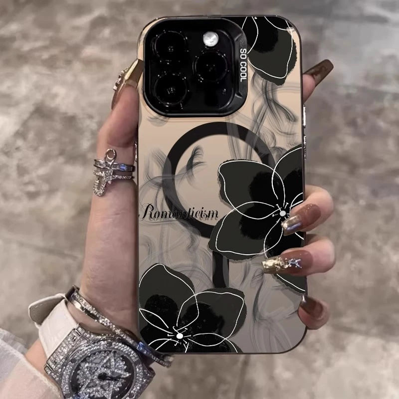 黑金山茶花适用苹果16promax手机壳新款17彩银磁吸15pro全包防摔