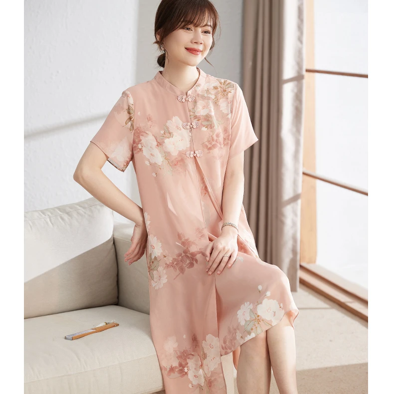Xil lui/喜卉喜卉夏季旗袍假两件中式妈妈装连衣裙薄款中年夏装