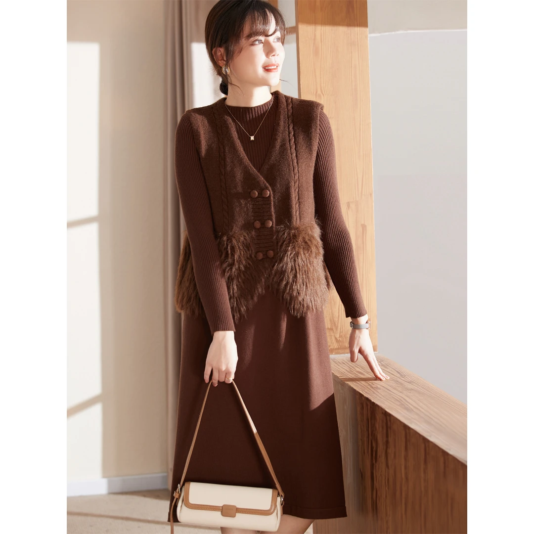 喜卉妈妈冬装针织套装秋冬季新款中年马甲连衣裙洋气质减龄打底裙