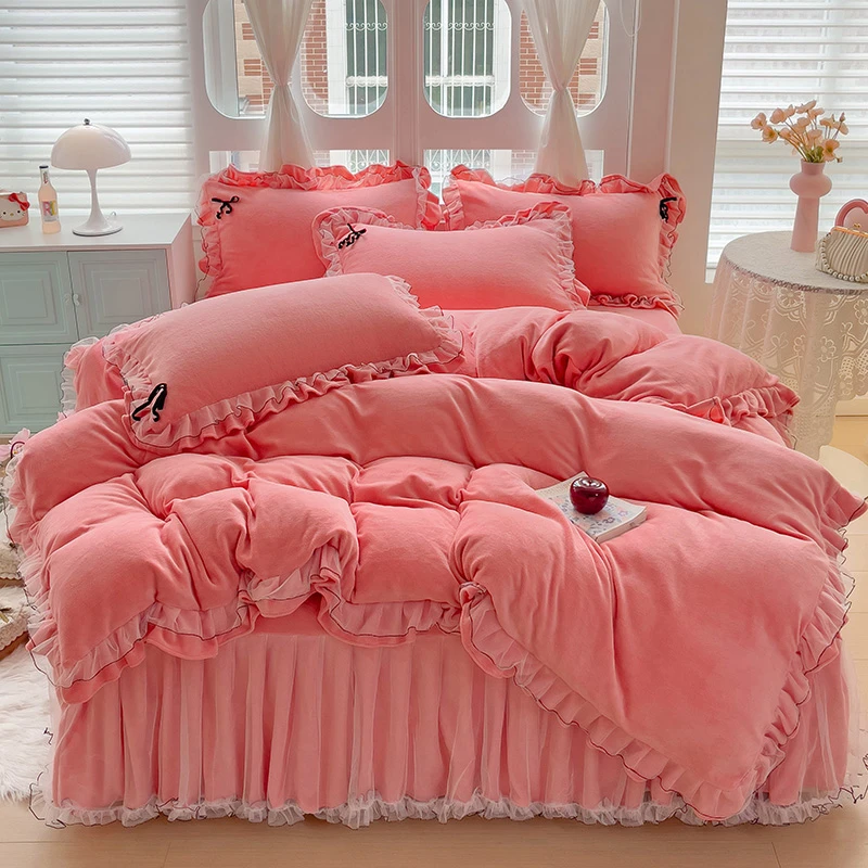 纯色加厚牛奶绒四件套双面加绒珊瑚绒被套法兰绒4件套床裙式冬季