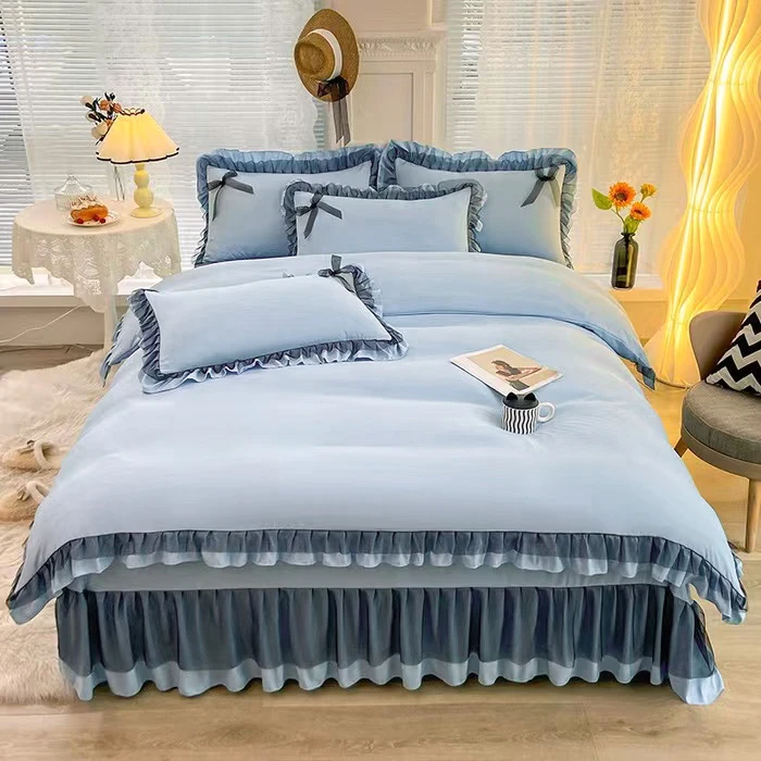 2025新品亲肤棉花边水洗四件套2米纯色加厚四件套15床单三件套