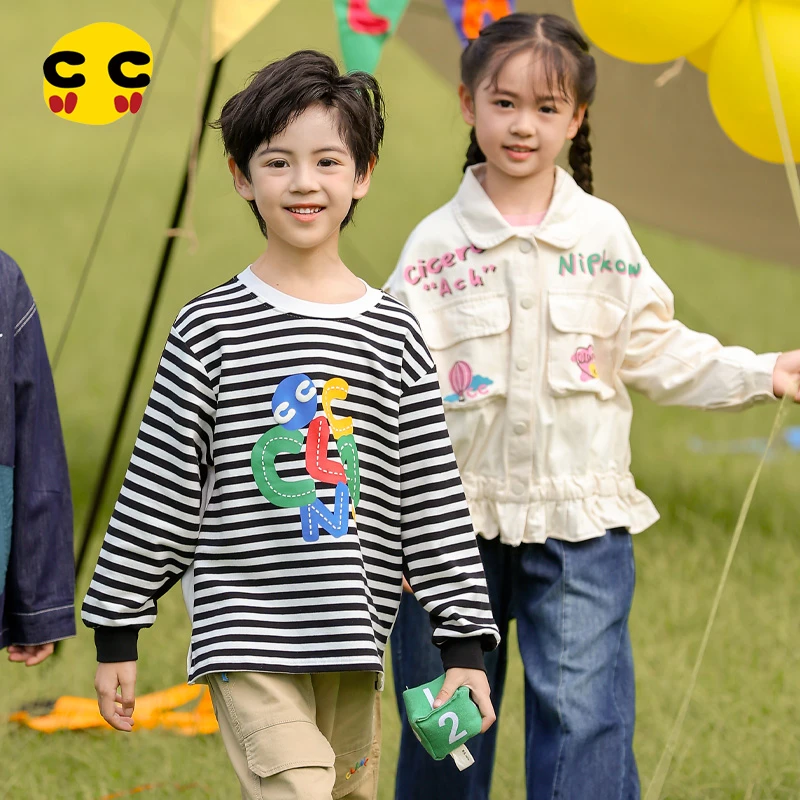 clanc潮牌童装24秋季新款儿童条纹圆领印花针织上衣男童长袖T恤