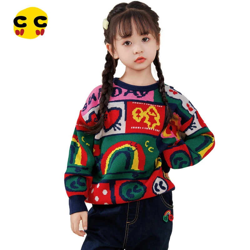 clanc潮牌童装23秋新款儿童撞色圆领套头洋气保暖针织衫女童毛衣