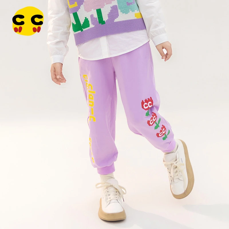 clanc潮牌童装春季新款儿童卡通撞色束脚卫裤针织运动裤女童裤子