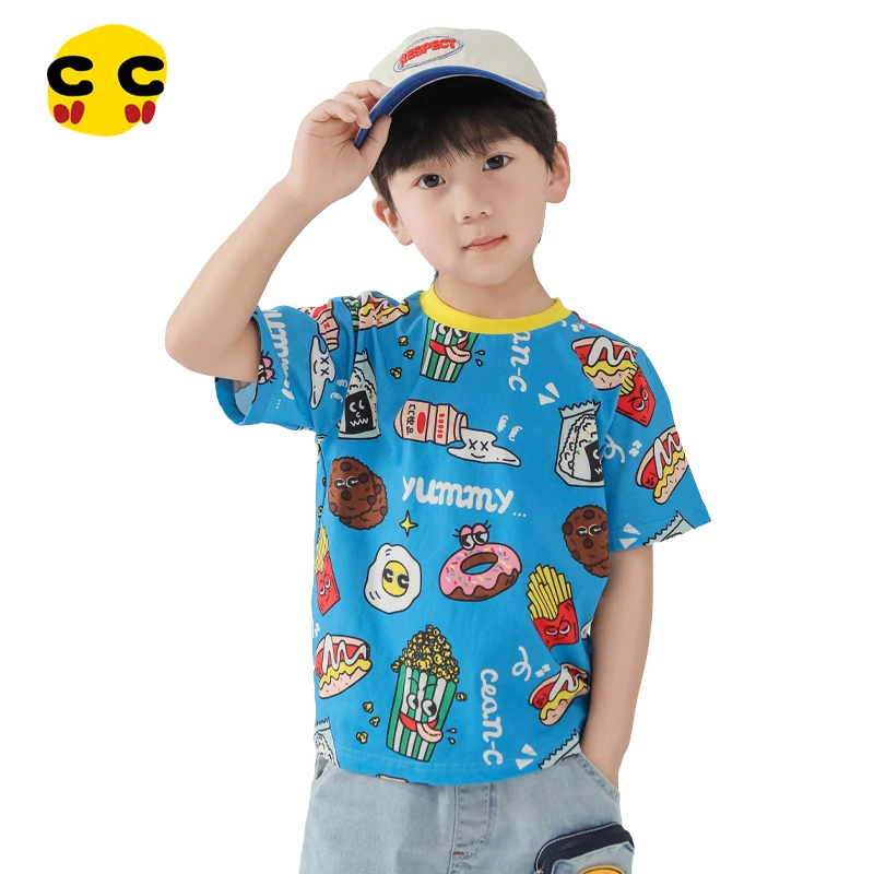 clanc潮牌童装2023夏季新款儿童撞色印花休闲宽松上衣男童短袖T恤