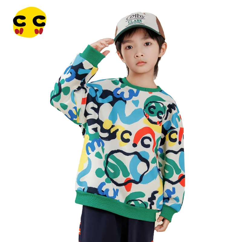 clanc潮牌童装23秋款儿童撞色多彩圆领上衣休闲宽松长袖男童卫衣