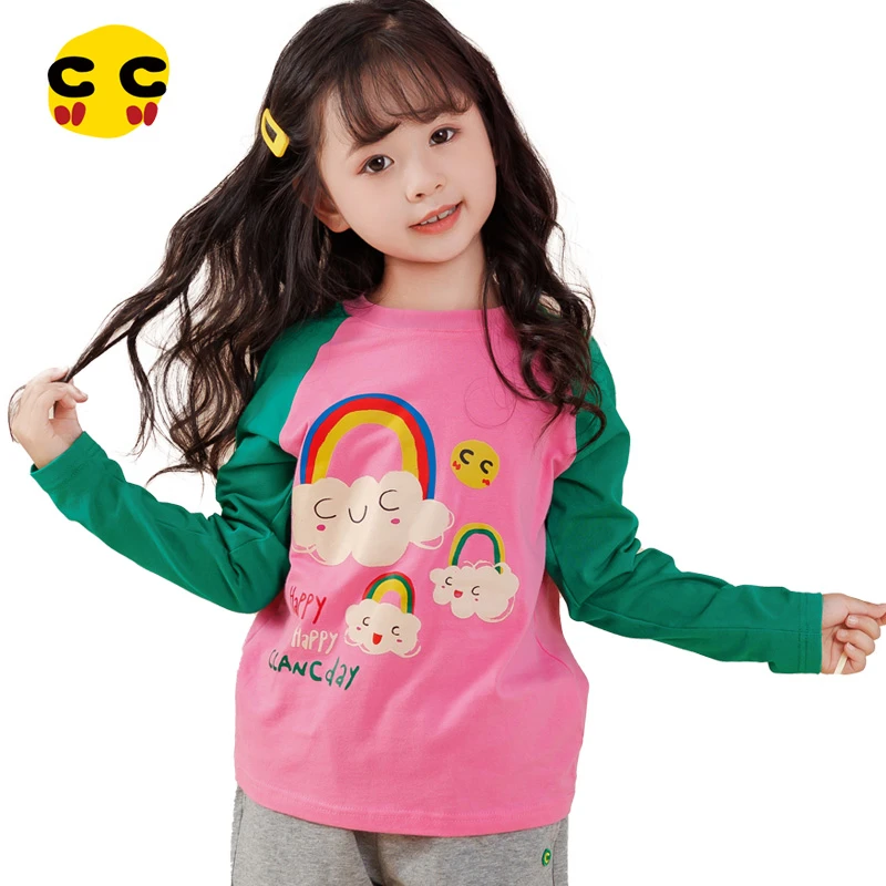 clanc潮牌童装2023秋装新款宝宝撞色印花插肩袖上衣女童长袖T恤