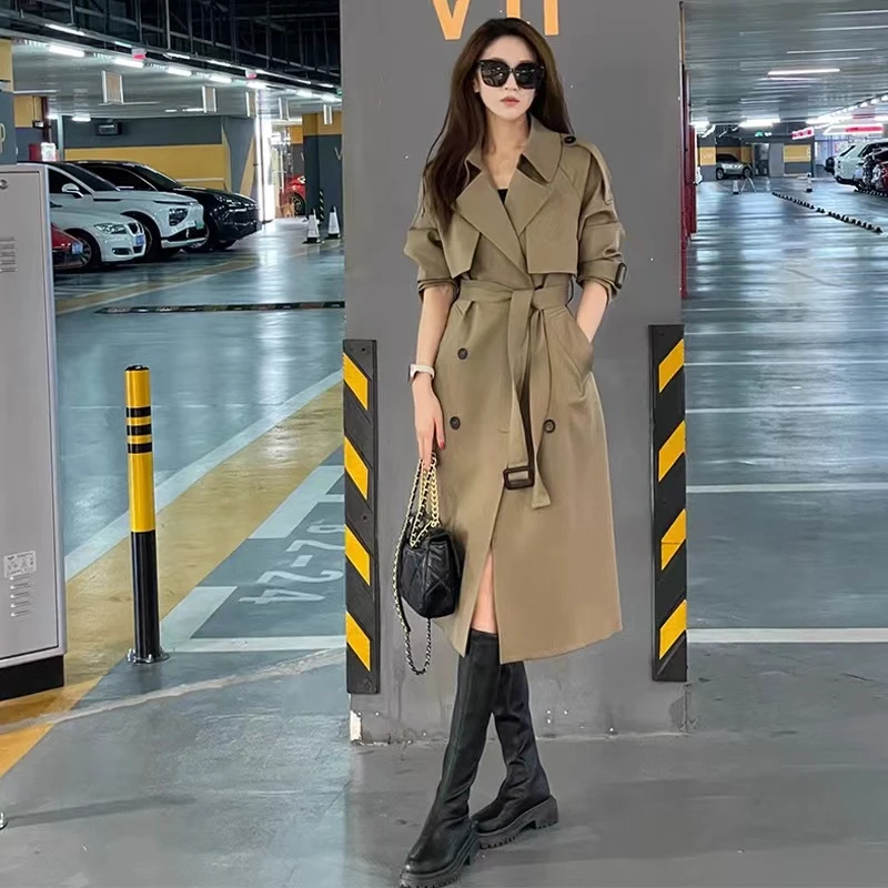 F004#春秋季廓形高级感风衣外套女收腰过膝韩系中长款英伦风大衣