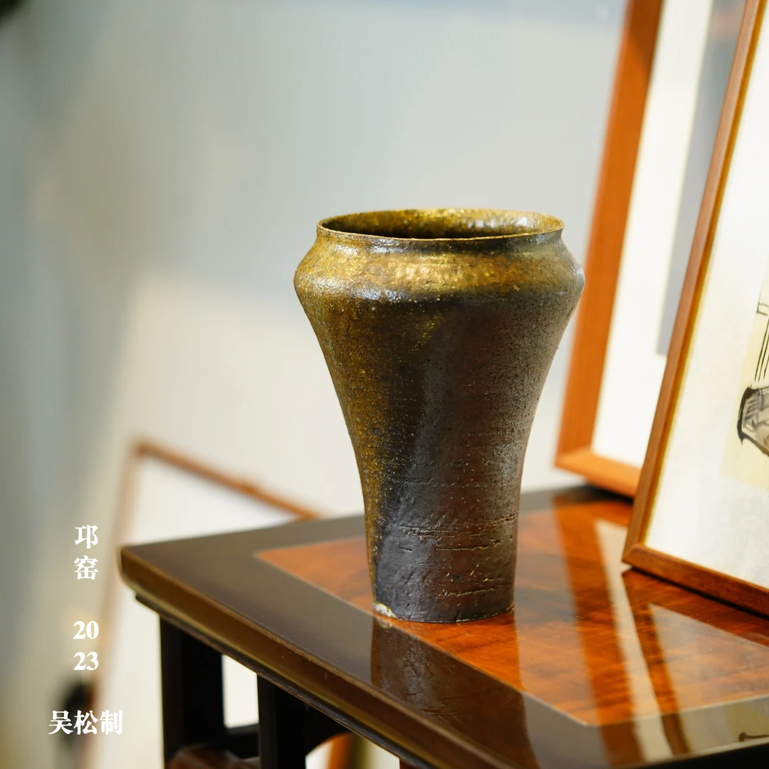 吴松柴烧2023邛窑自然落灰重彩花器花瓶