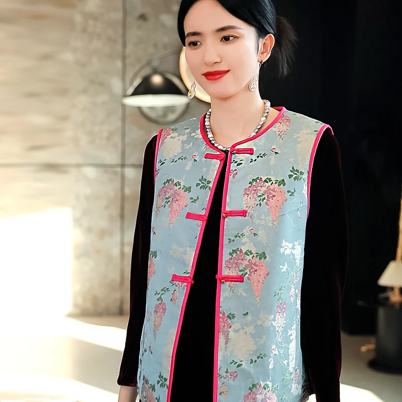 复古日记“紫藤花黑貂”双面穿桑蚕丝提花减龄新中式马夹24HE240