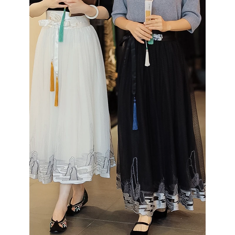 复古日记执子之手2.7米大摆网纱汉元素仙气日常显瘦中式a字半身裙