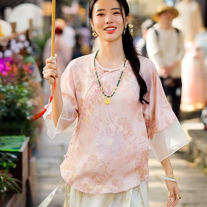 复古日记100桑蚕丝夏季圆领新中式斜襟显瘦女士上衣小衫242C5291