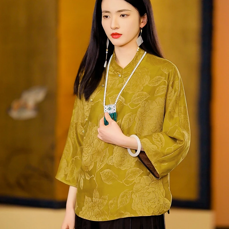 复古日记【样衣】新中式夏季桑蚕丝宽松气质小立领衬衫24EC165