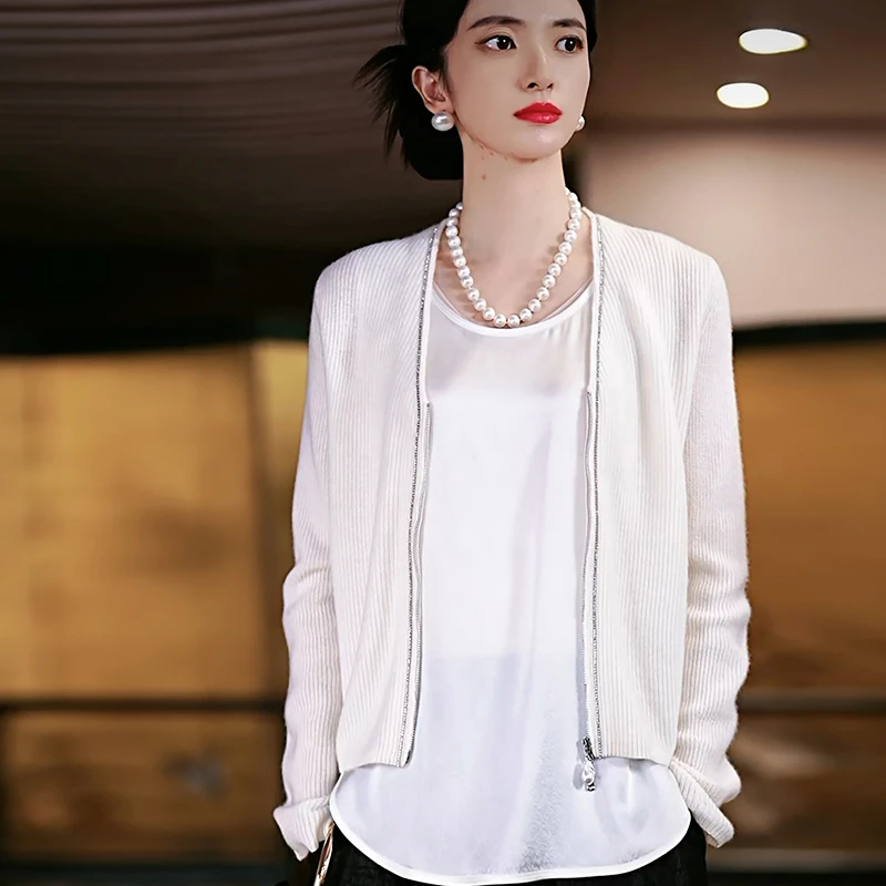 复古日记“双头拉链”100羊绒通勤百搭V领针织开衫显瘦外套24GV038