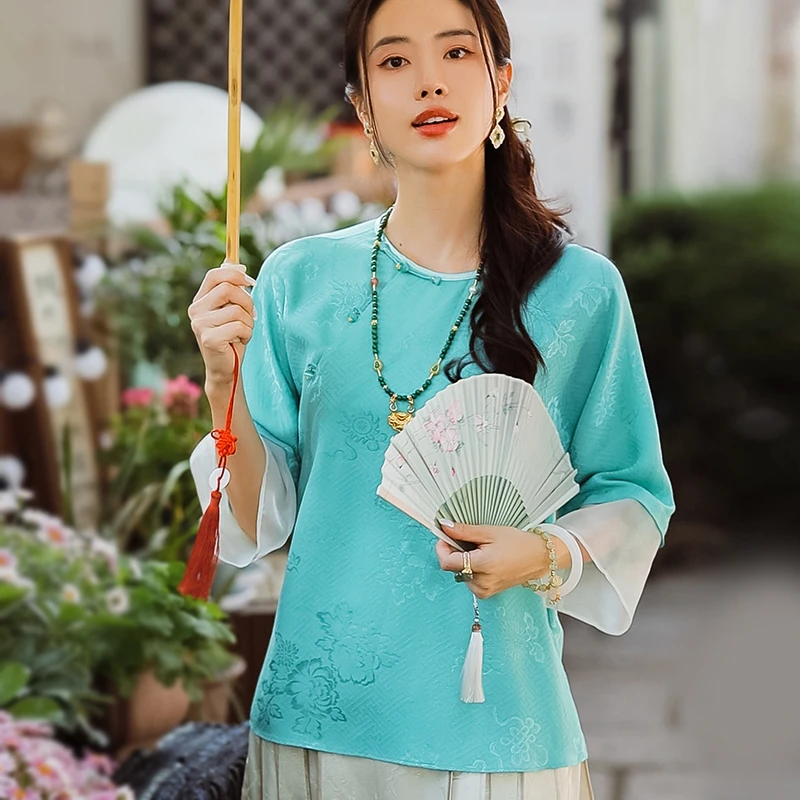 复古日记夏季100桑蚕丝国风圆领斜襟女士新中式古风上衣242C5303