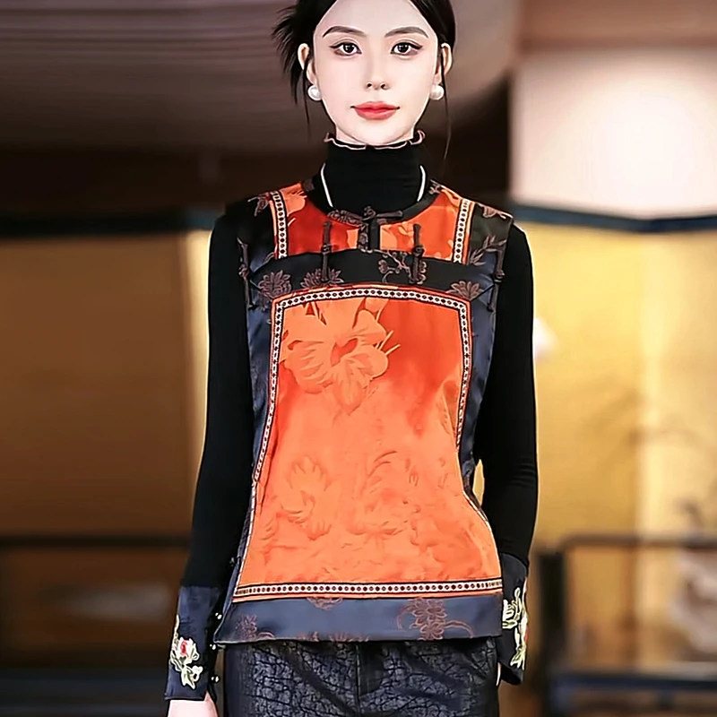 复古日记新中式“红莲”中式提花十三太保香云纱夹棉马夹24DE2207