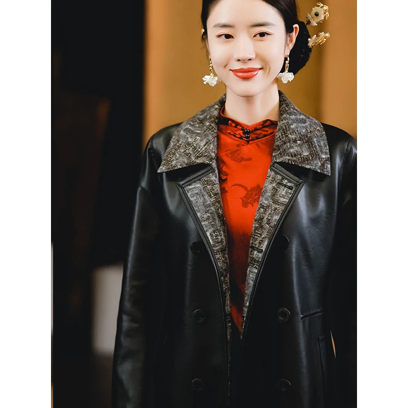 复古日记秋冬新品黑色中式国风宽松外套女式长款风衣23HY072