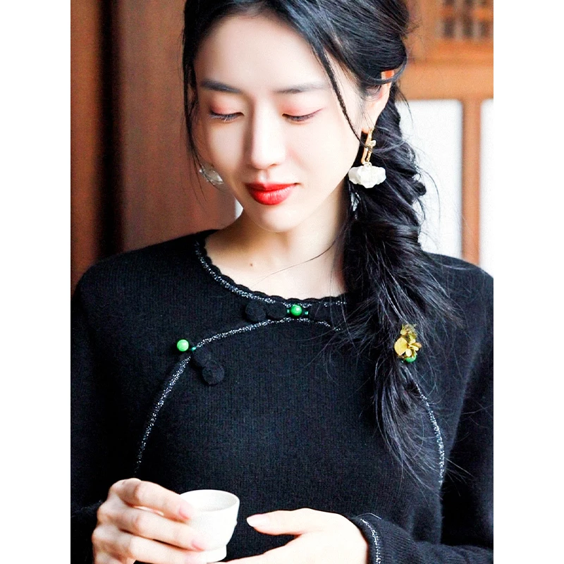 复古日记秋冬新中式黑色打底衫中国风女显瘦时尚长袖上衣235M0209