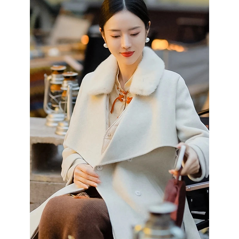 复古日记中式通勤新国风过膝双面呢加厚秋冬气质设计师款白色外套