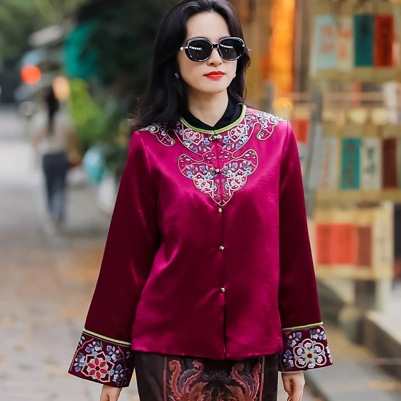 复古日记“青棠”树皮绉醋酸定位打籽绣薄棉秋冬外套24HF071