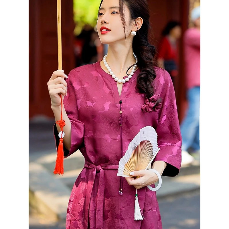 复古日记【清莲】新中式100桑蚕丝气质国风袍子显瘦连衣裙232L6000