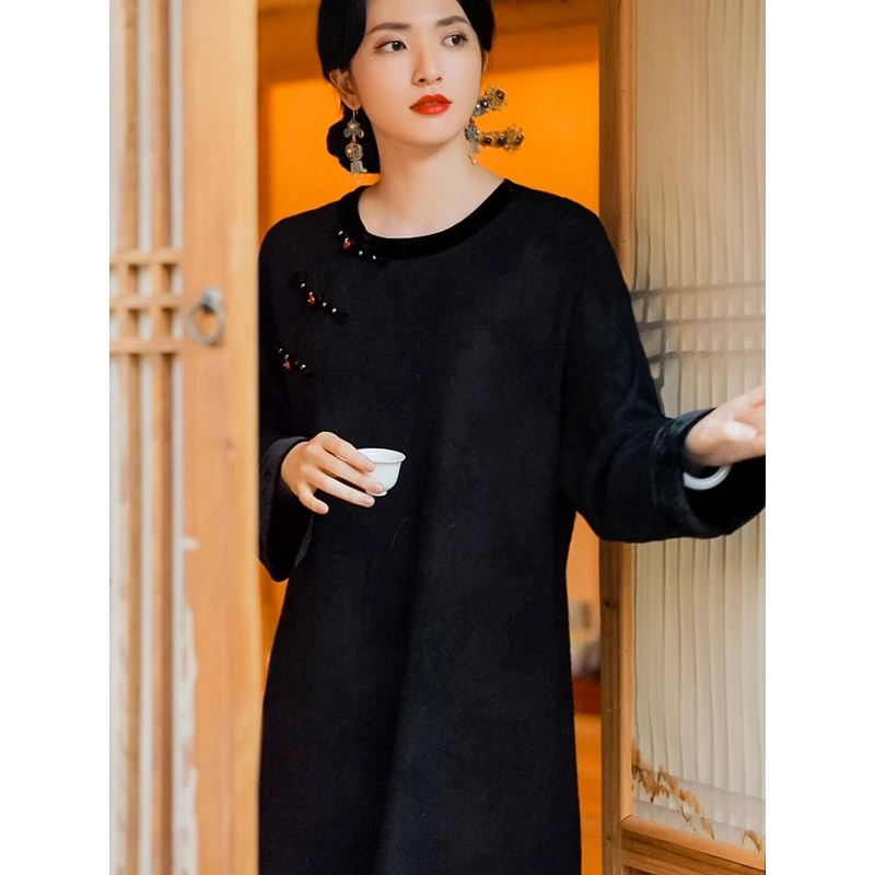 复古日记轻中式中长裙宽松轻奢裙子斜襟圆领丝绒拼接国风连衣裙